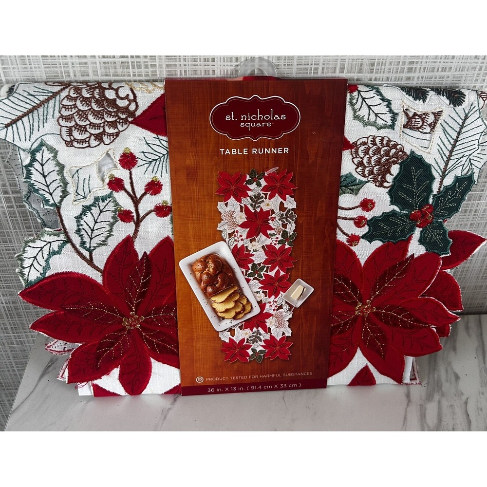 Poinsettia‎ Christmas Table Runner 13"x 36" Holiday St Nicholas Square New! BxM